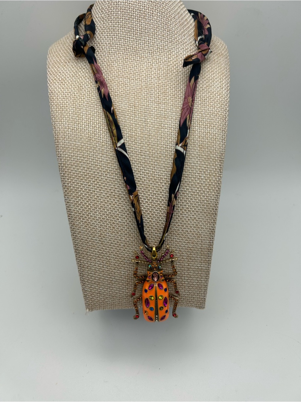 Bejeweled Orange Beetle Pendant Necklace - Designer Fashion Jewelry